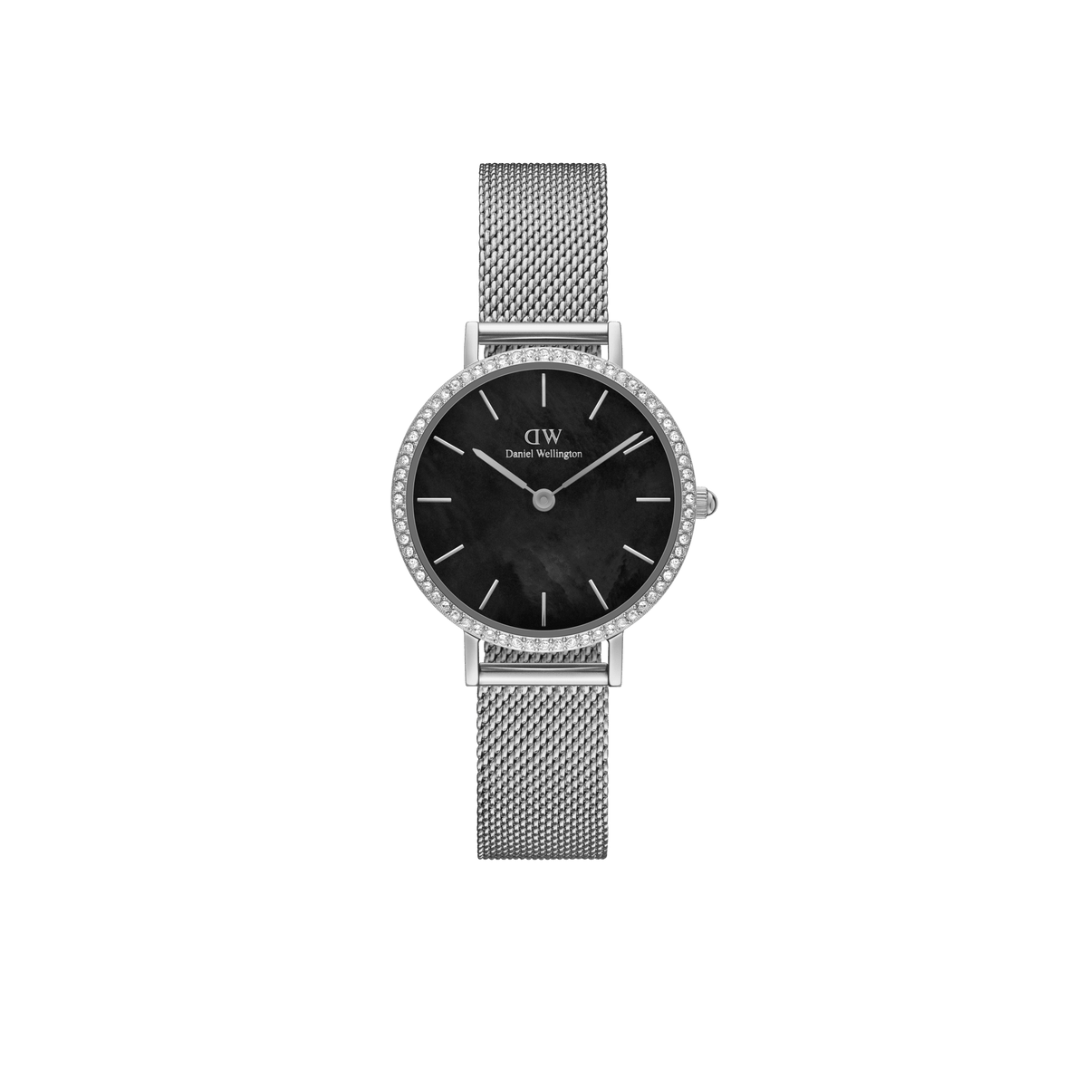 Silver ladies watch with a slim mesh strap, crystal-set bezel, and black mother of pearl dial, featuring minimalist hour markers and a classic round case.