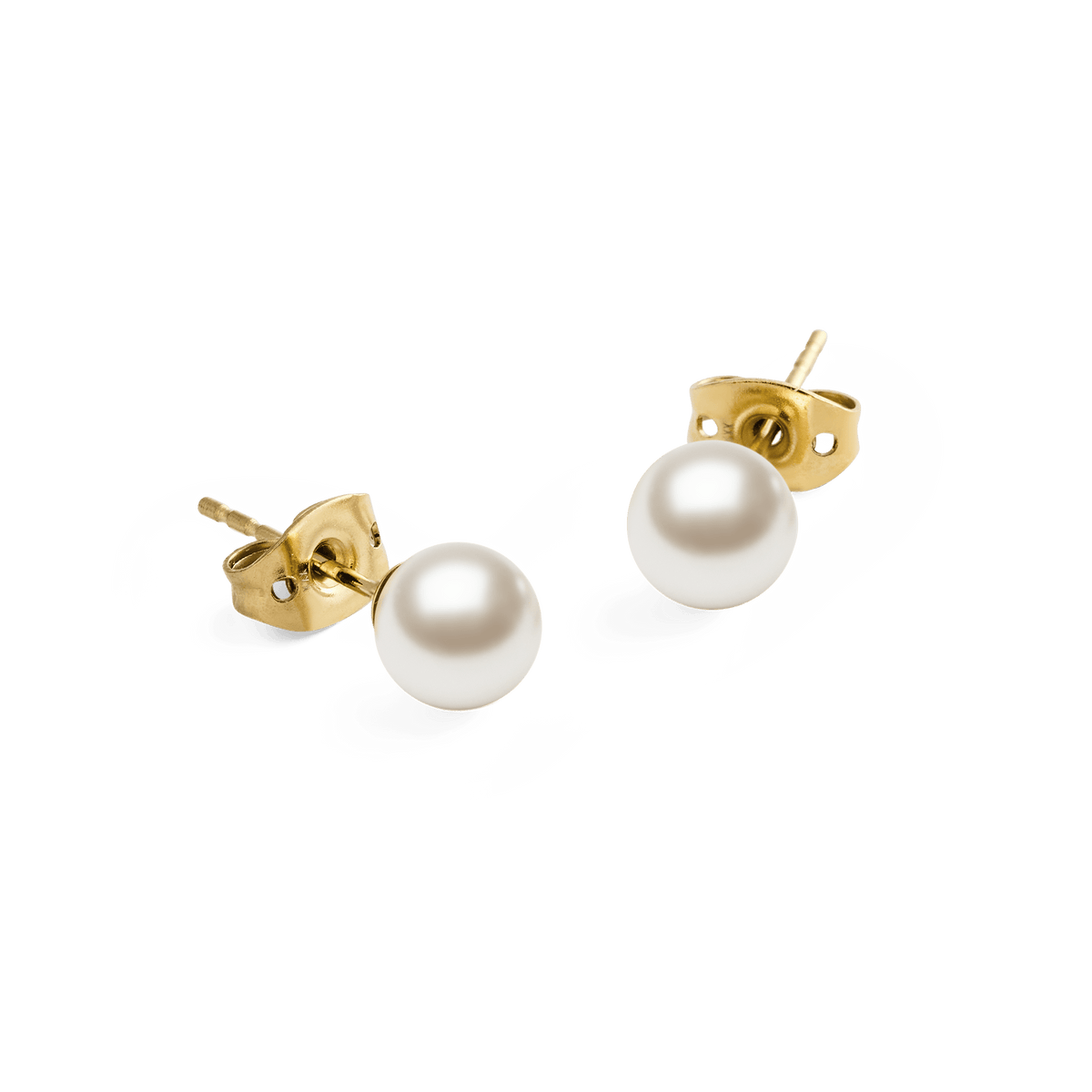A pair of Pearl Stud Earring Gold featuring 6 mm white Swarovski glass pearls set on polished gold-tone stainless steel posts, shown from an angled view to highlight their elegant and minimal design.