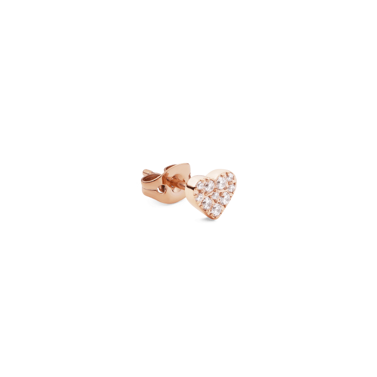 Crystal Heart Stud Rose Gold earring with a heart-shaped front set with sparkling cubic zirconia crystals and a polished rose gold backing, shown at an angle to highlight its elegant design.