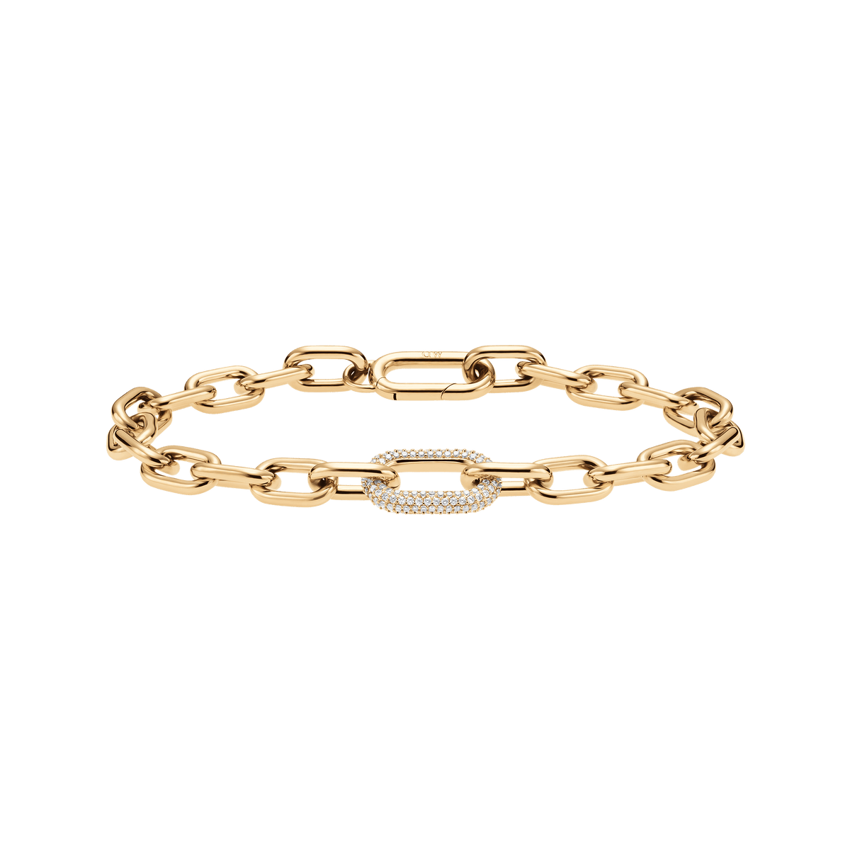 Crystal Link Bracelet Gold featuring chunky gold-plated links and a pavé crystal-embellished ring, designed for women and shown with a secure spring gate clasp.