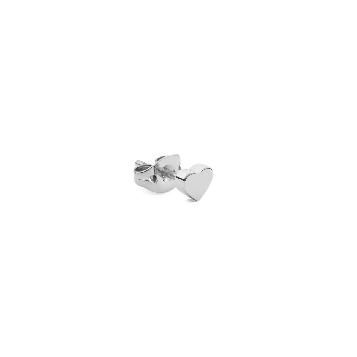 Petite heart-shaped silver stud earring with a polished stainless steel finish and secure backing, shown against a plain background.