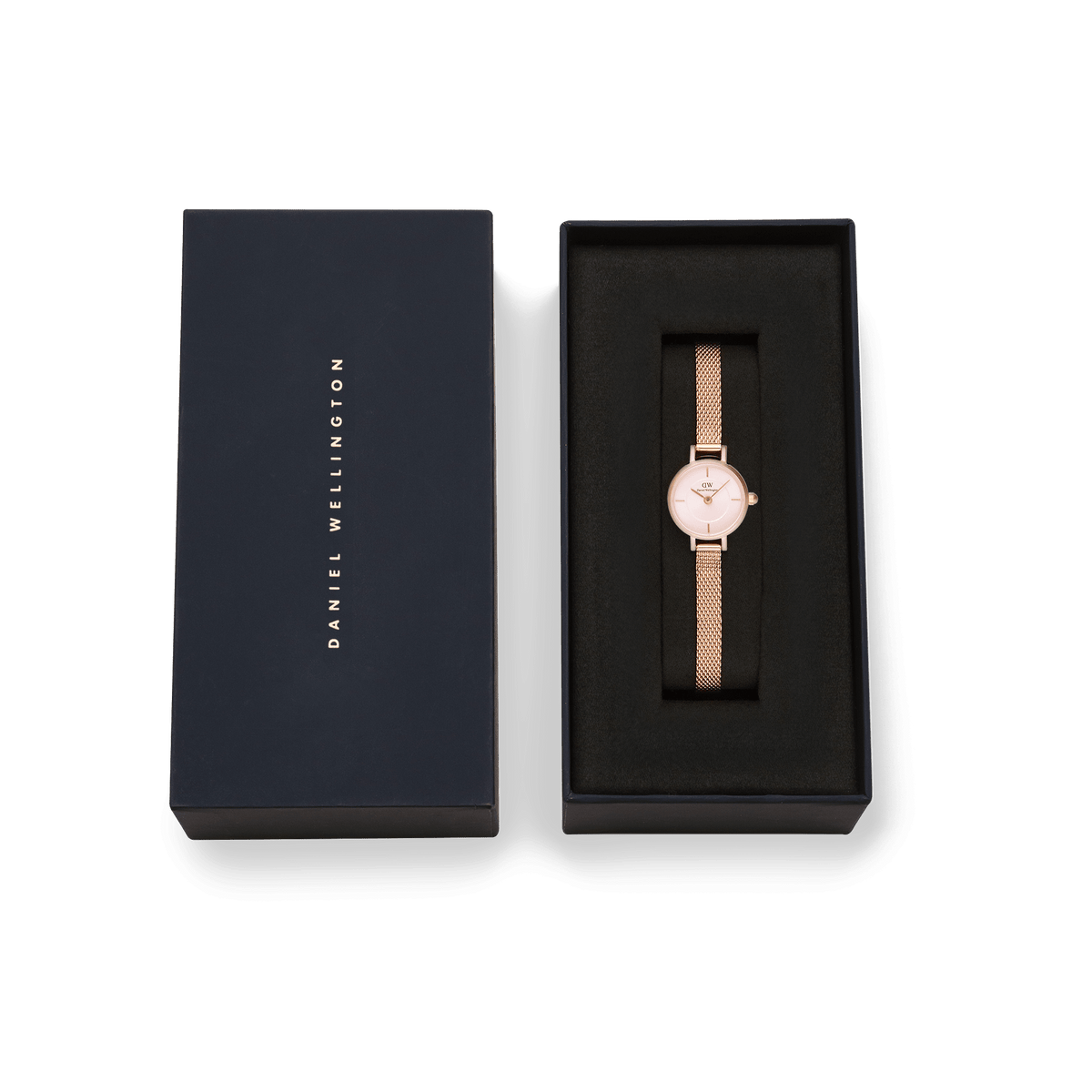 Petite Mini Blush Melrose watch with a blush pink dial and rose gold mesh strap, presented in a sleek Daniel Wellington gift box.