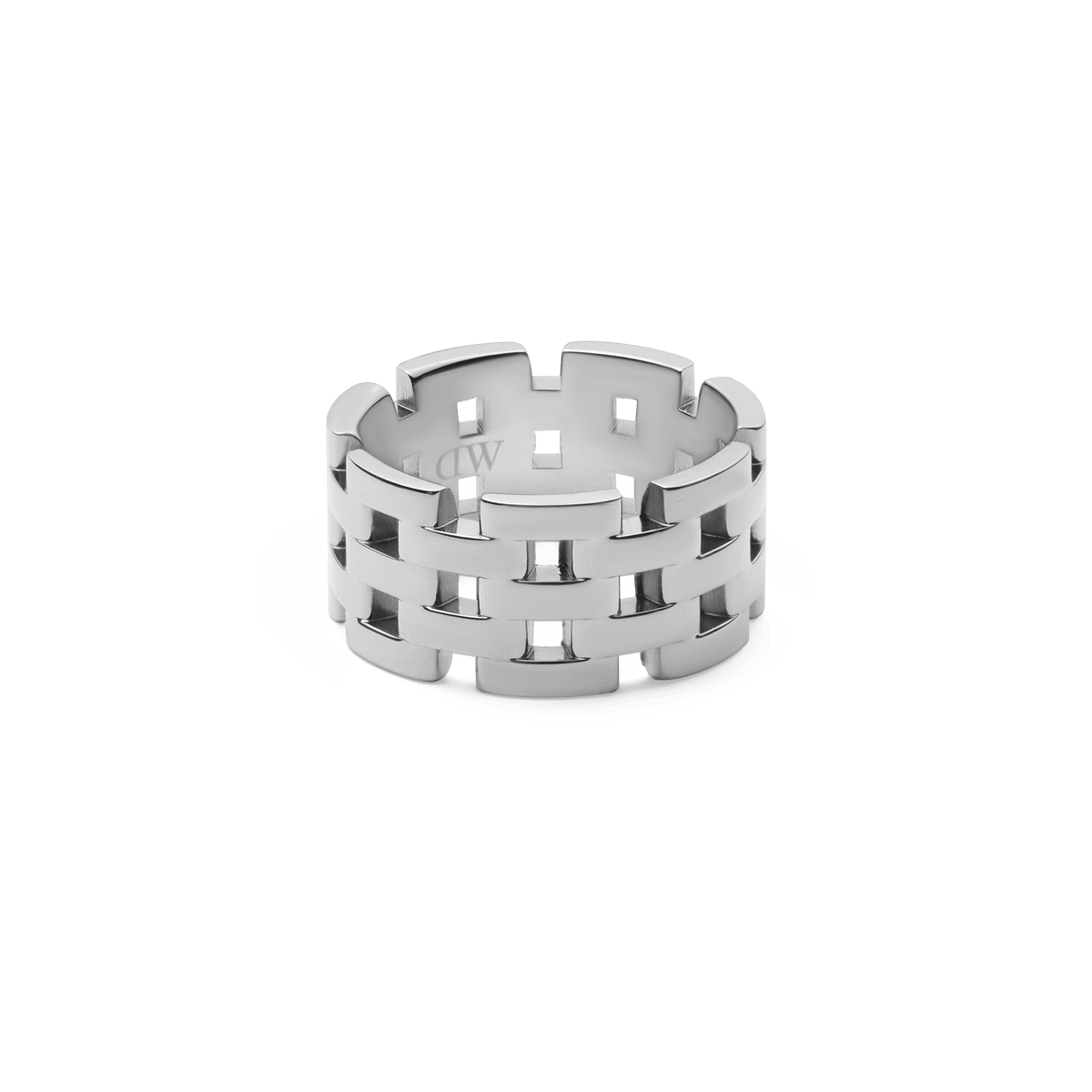 Wide silver ring with a bold geometric link design, featuring polished stainless steel and open rectangular links for a modern, statement look.