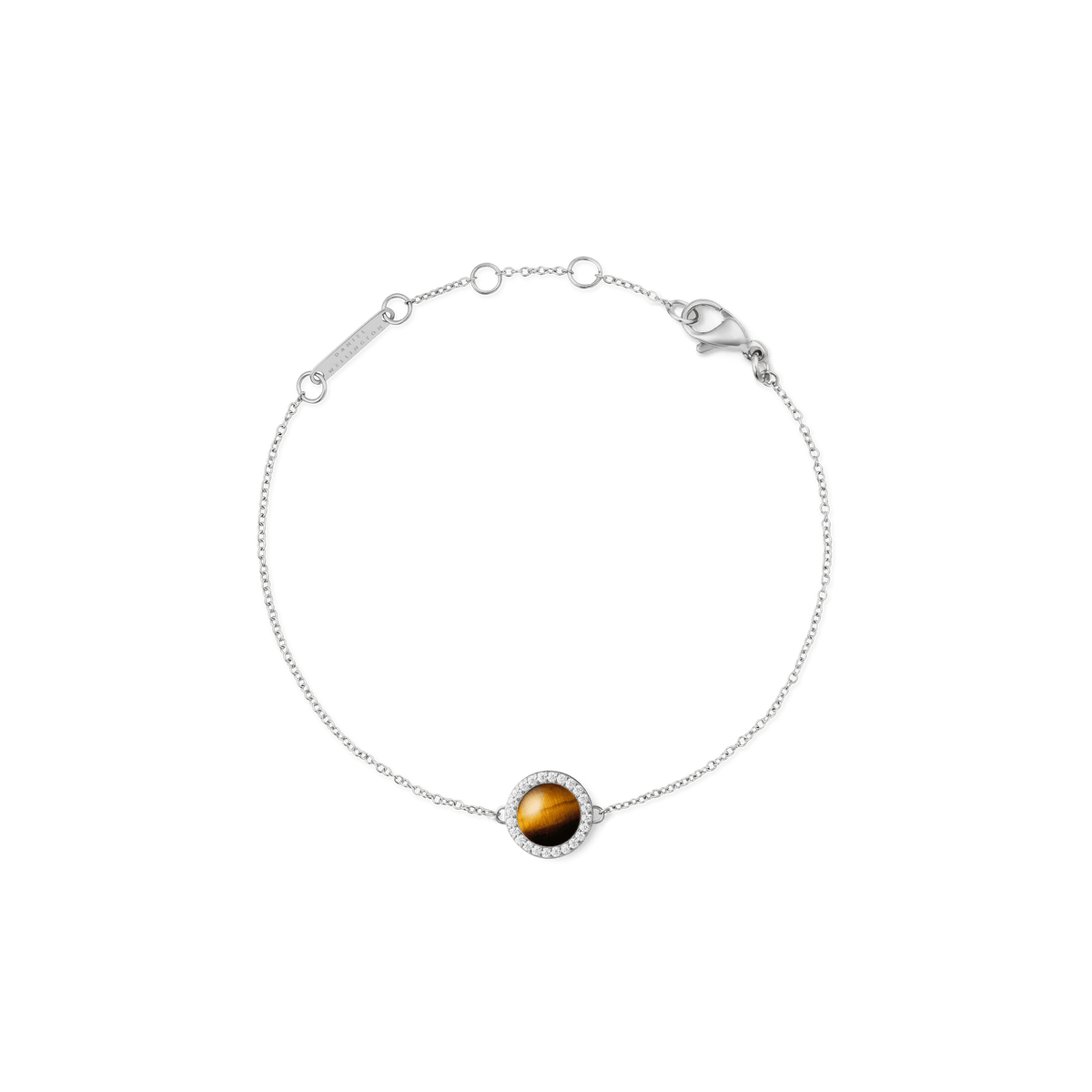 Delicate silver bracelet with an adjustable fine chain, featuring a central tiger eye gemstone framed by a halo of white cubic zirconia and a secure lobster clasp.