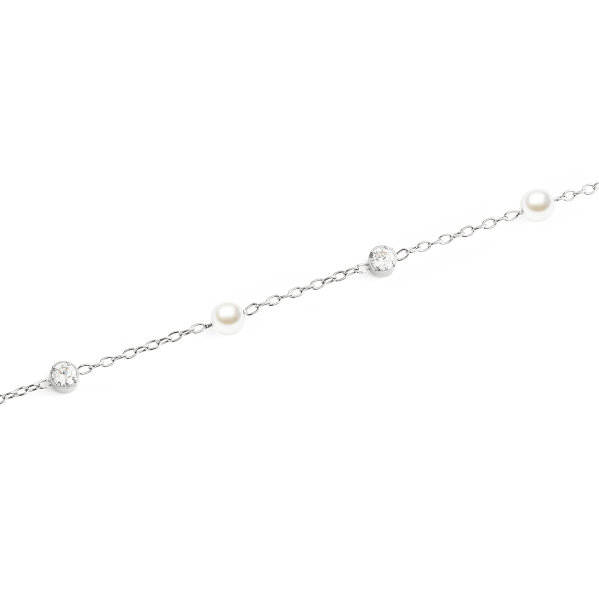 Close-up of the Pearl Bracelet Silver showing its fine silver chain with alternating white Swarovski glass pearls and sparkling cubic zirconia, highlighting the minimalist and elegant design.