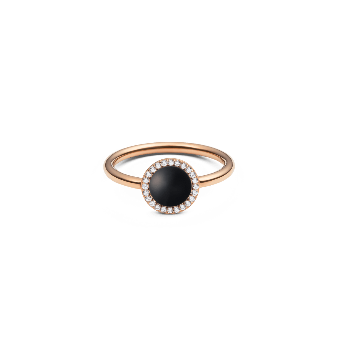 Rose gold ring featuring a round black agate centre stone surrounded by a halo of white crystals, set on a slim, polished band.