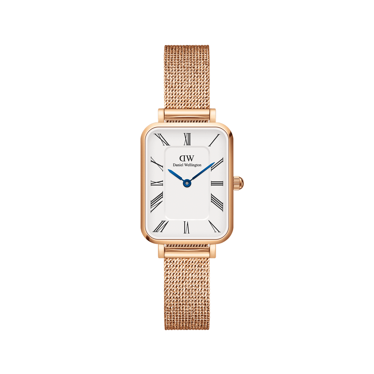 Rectangular rose gold mesh strap watch with a white dial, Roman numerals, and blue steel hands, featuring a minimalist design suitable for everyday wear.