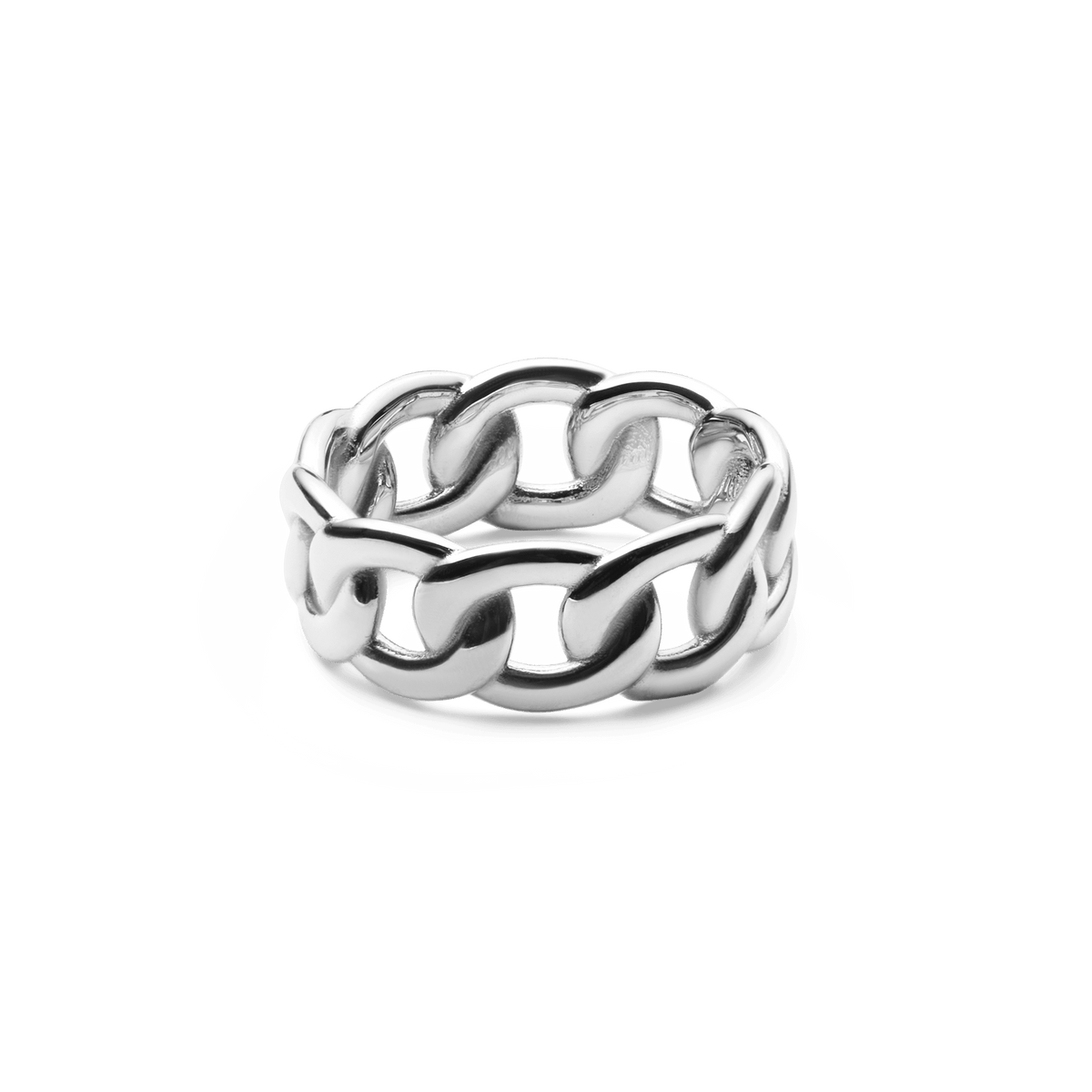 Chunky Chain Ring Silver with bold, interlocking chain links and a polished stainless steel finish, designed for a contemporary and versatile jewellery look.