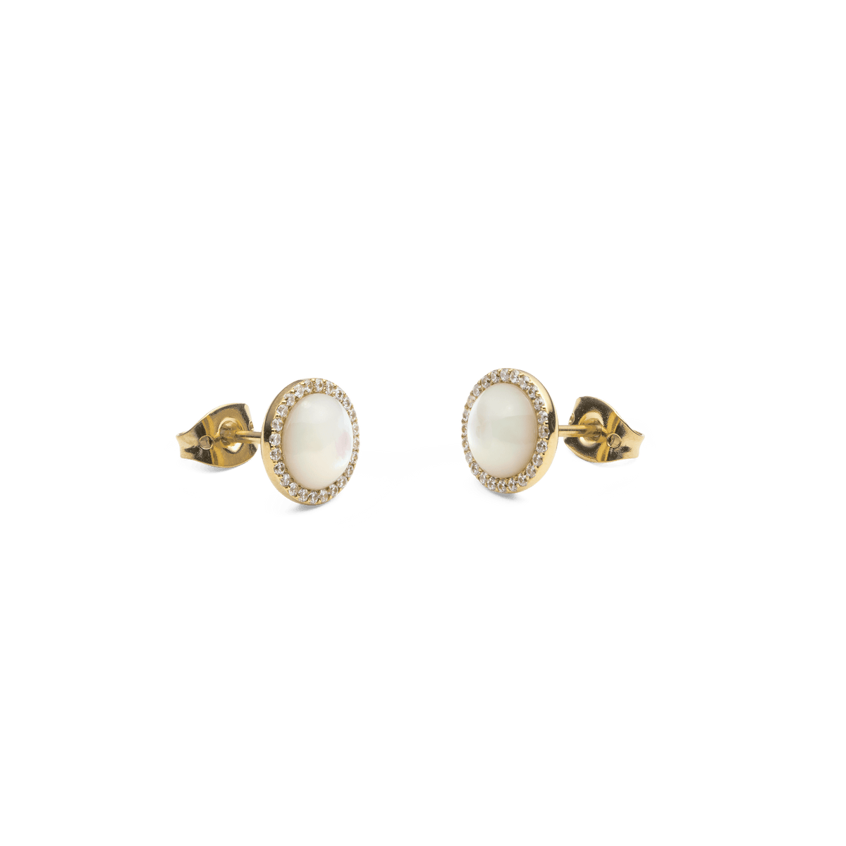 Audrey Earrings Mother of Pearl Gold shown from a side angle, highlighting the domed mother of pearl centre, gold setting, and a halo of white cubic zirconia crystals with secure stud backings.