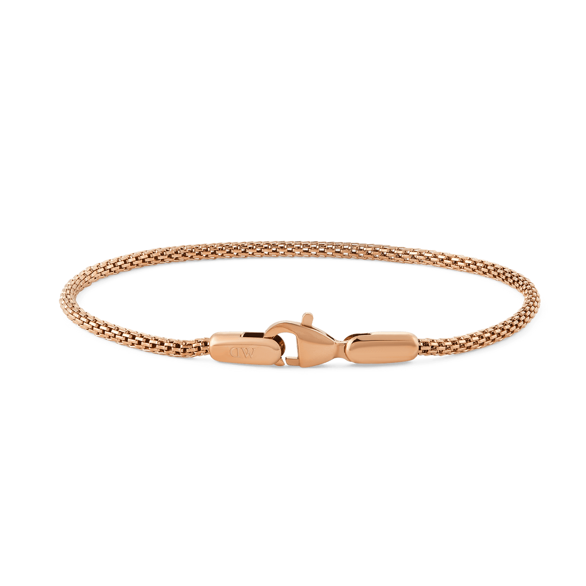 Slim rose gold mesh bracelet with a lobster clasp, featuring a delicate woven band and minimalist design suitable for layering or everyday wear.