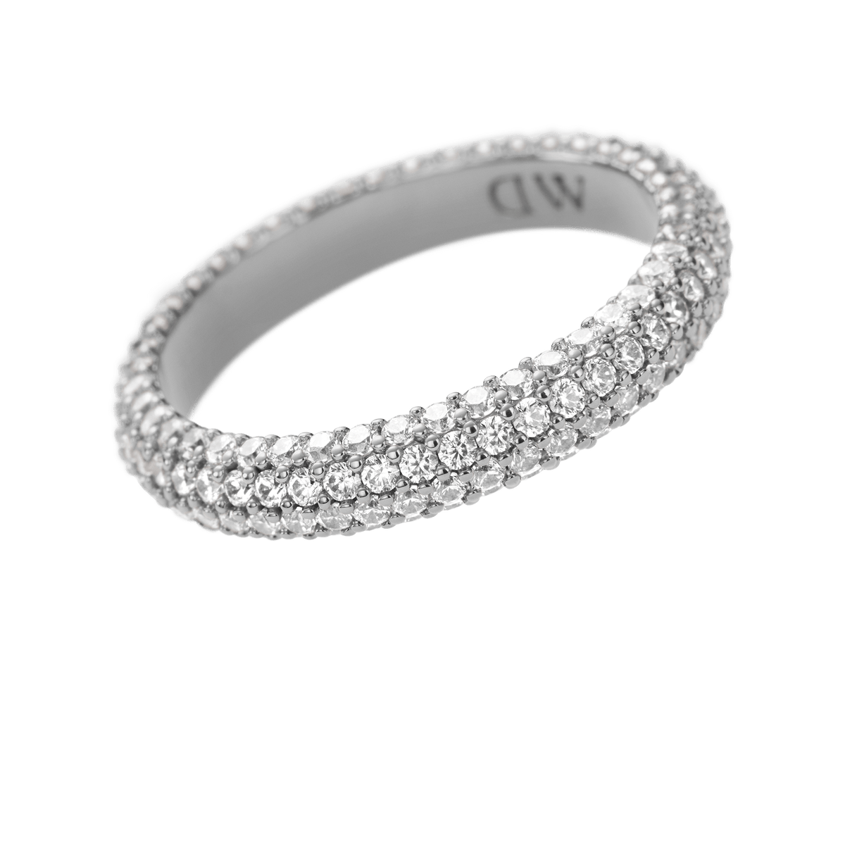 Pavé Crystal Ring Silver with a rhodium plated band, featuring three rows of sparkling cubic zirconia crystals in a classic, elegant design suitable for stacking or wearing alone.