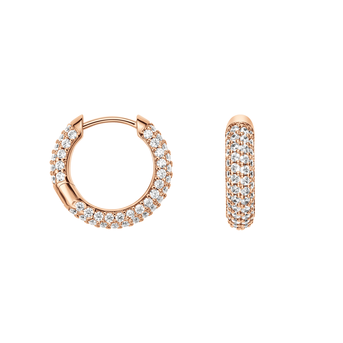 Pavé Crystal Earrings Rose Gold shown from front and side, featuring a classic hoop shape with closely set cubic zirconia crystals and a polished rose gold finish.