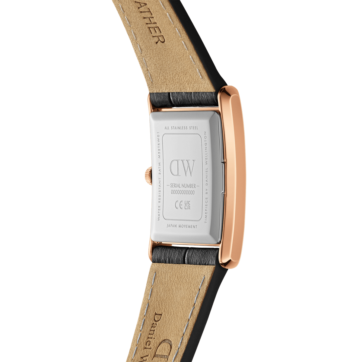 Close-up of the Bound Black Crocodile Rose Gold watch showing the stainless steel case back, rose gold frame, and genuine leather strap with crocodile embossing, highlighting craftsmanship and quality details.