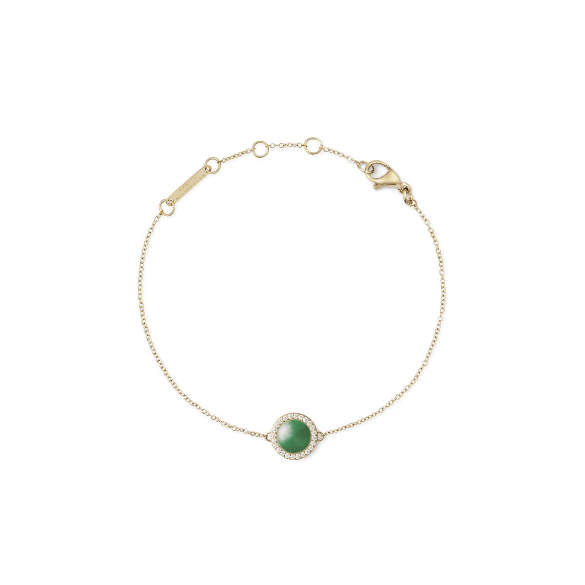 Delicate gold bracelet featuring a domed jade centrepiece surrounded by a halo of cubic zirconia, set on a fine adjustable gold chain with a secure lobster clasp.