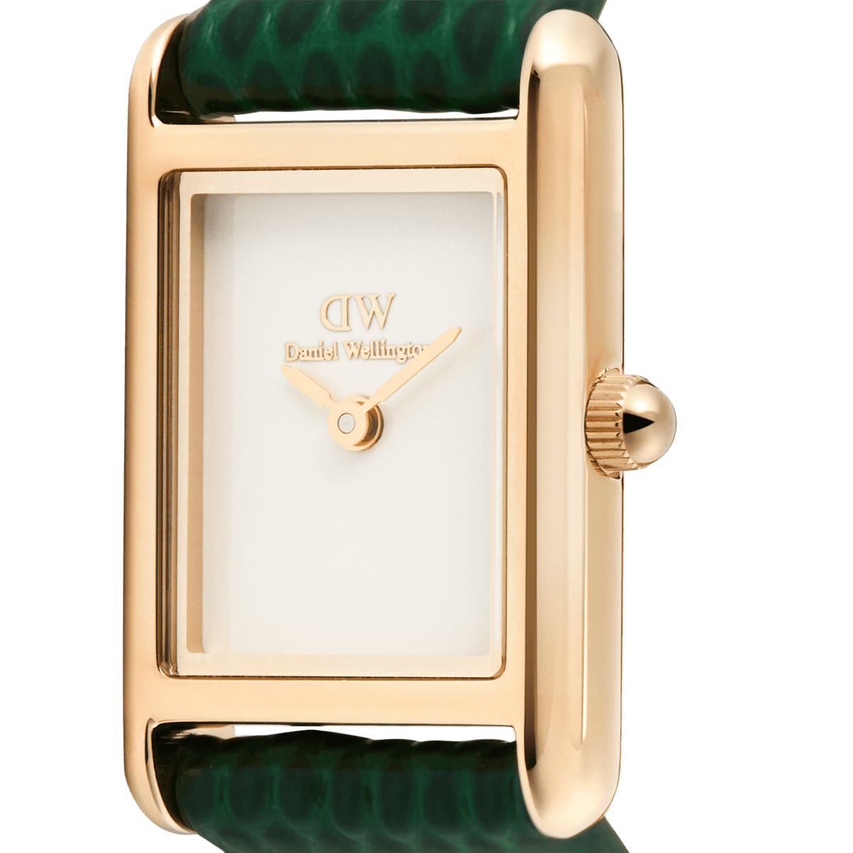 Close-up of the Bound Mini Green Lizard Rose Gold watch, highlighting the rectangular rose gold case, minimalist white dial, and textured green lizard-embossed leather strap.