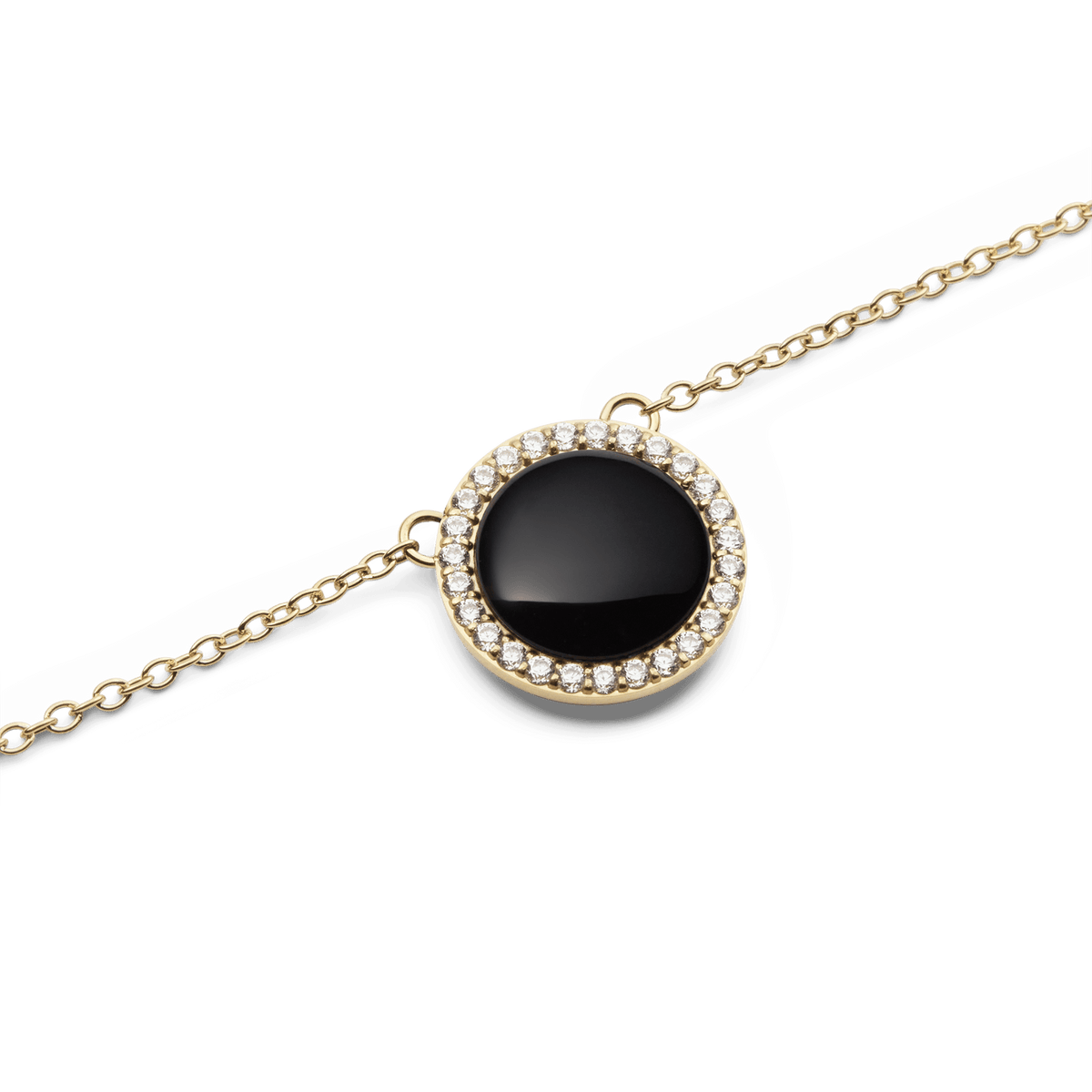 Close-up of the Audrey Necklace Black Agathe Gold showing a domed black agate pendant surrounded by a halo of white cubic zirconia crystals on a fine gold chain.