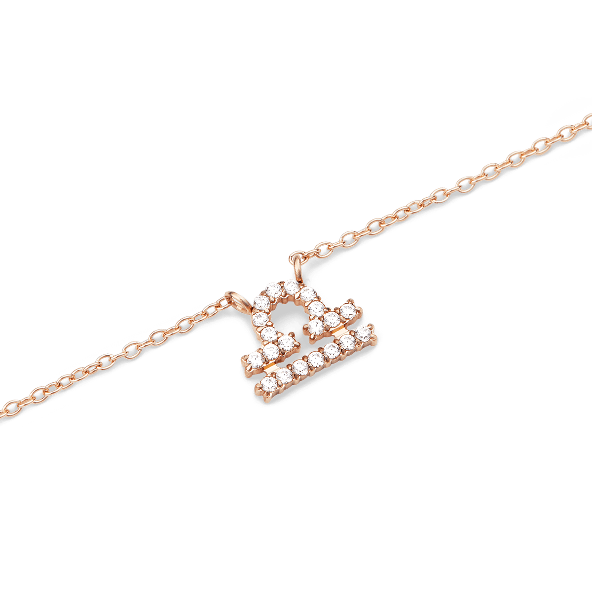 Crystal Zodiac Chain Necklace Rose Gold with a Libra zodiac pendant, set with sparkling crystals on a fine rose gold chain for a refined and modern look.