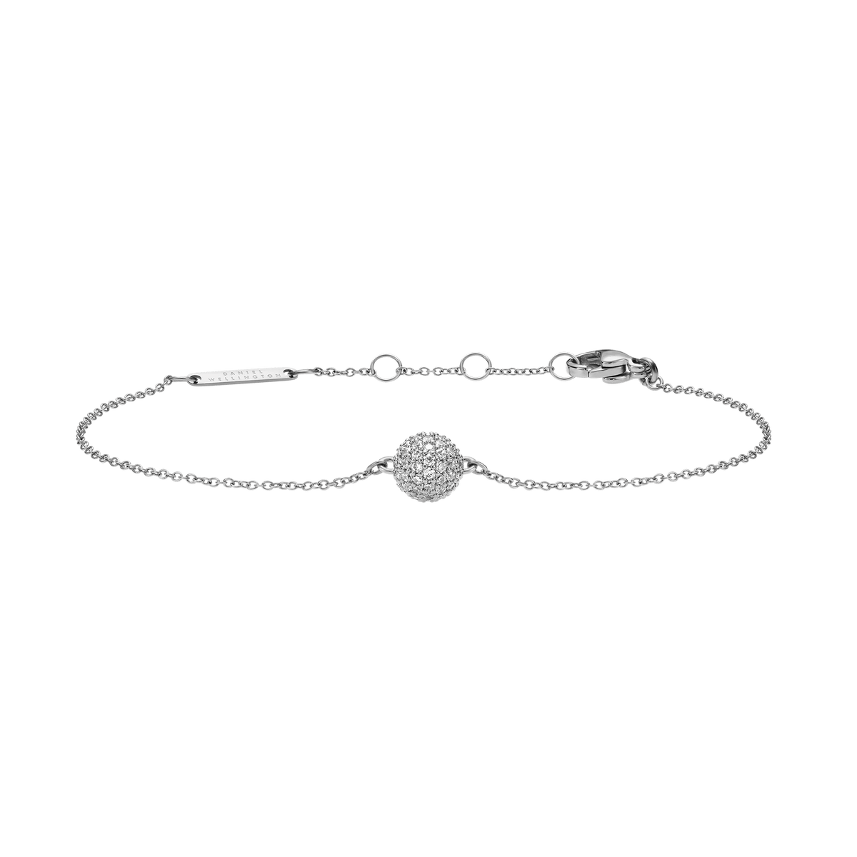 Delicate silver Pavé Crystal Pendant Bracelet featuring a fixed pavé ball pendant set with shimmering cubic zirconia crystals on an adjustable chain with secure lobster clasp.