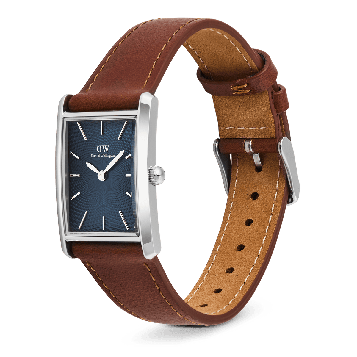Daniel Wellington Bound Light Brown Arctic Guilloché Silver watch with a rectangular silver case, deep blue guilloché dial, and adjustable light brown leather strap, shown in a side angle to highlight its slim profile and classic styling.