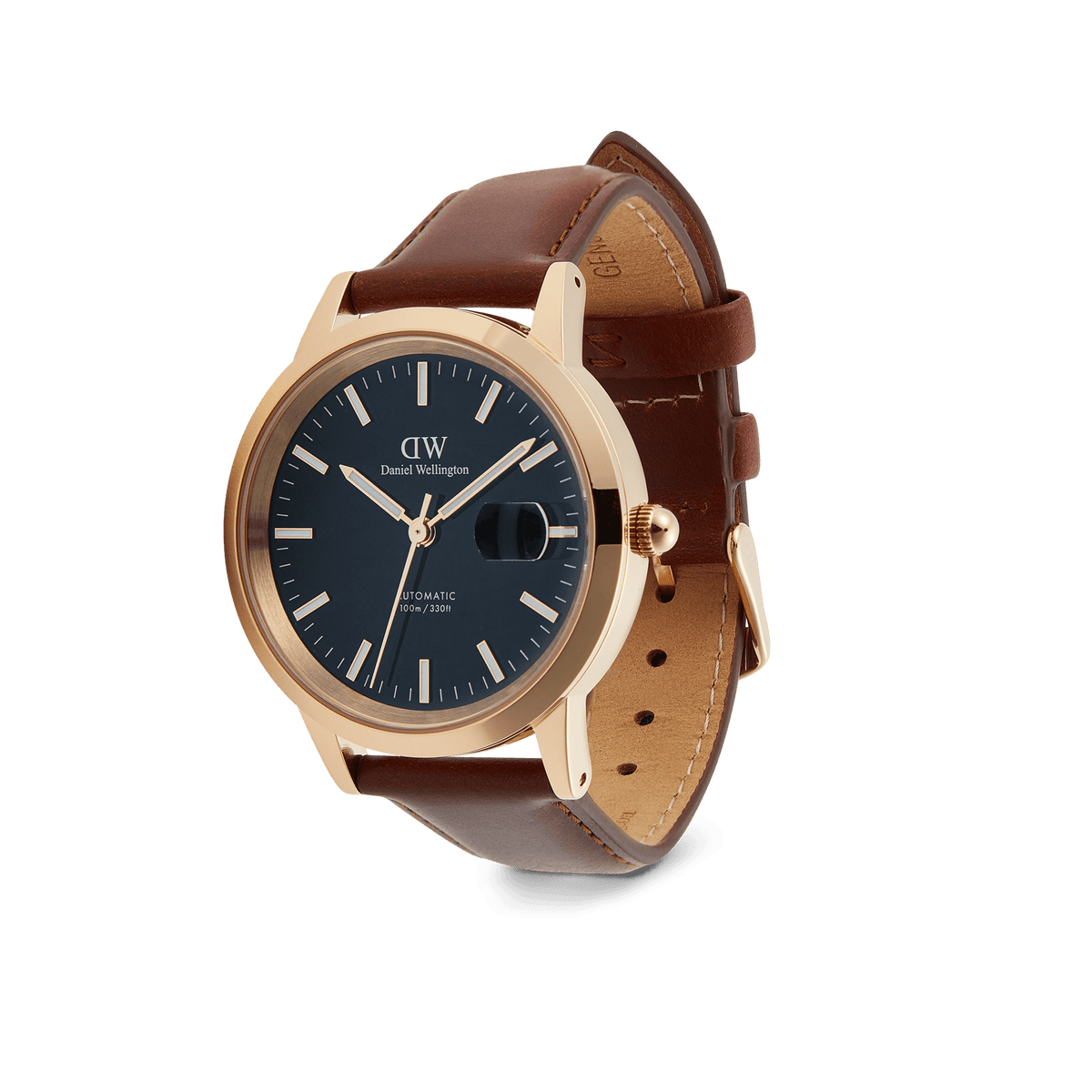 Iconic St Mawes Automatic Rose Gold watch with a blue enamel dial, rose gold-plated stainless steel case, and brown Italian leather strap, featuring luminous markers and a date window.