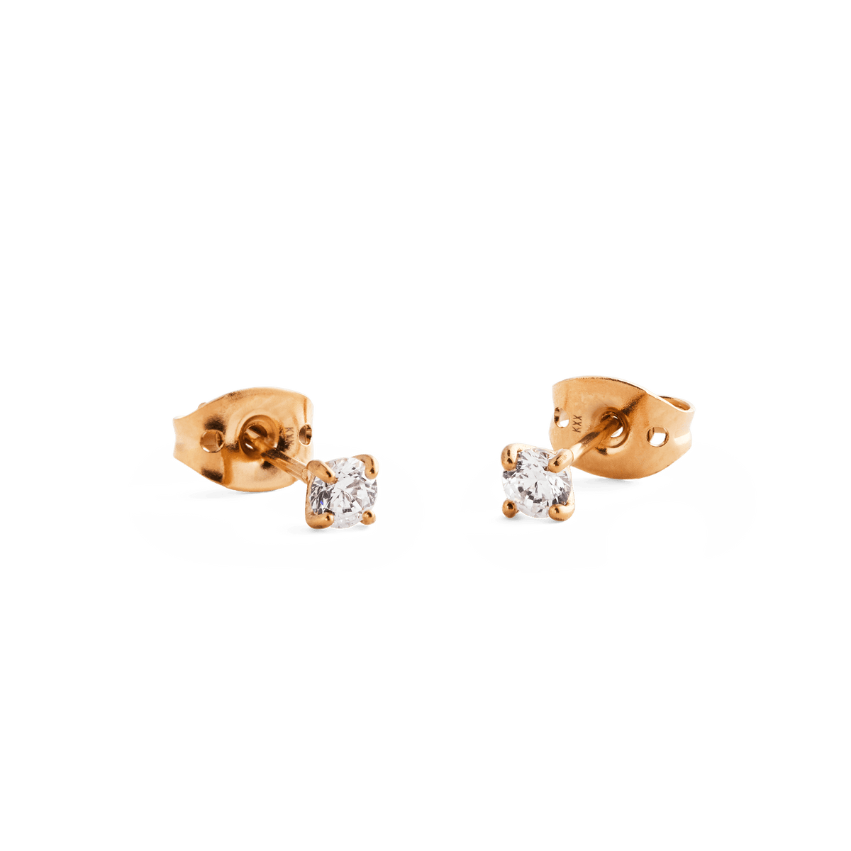 Mirelle Solitaire Stud Earrings in rose gold with white cubic zirconia stones, shown from the side and back to highlight the secure butterfly backs and polished rose gold finish.
