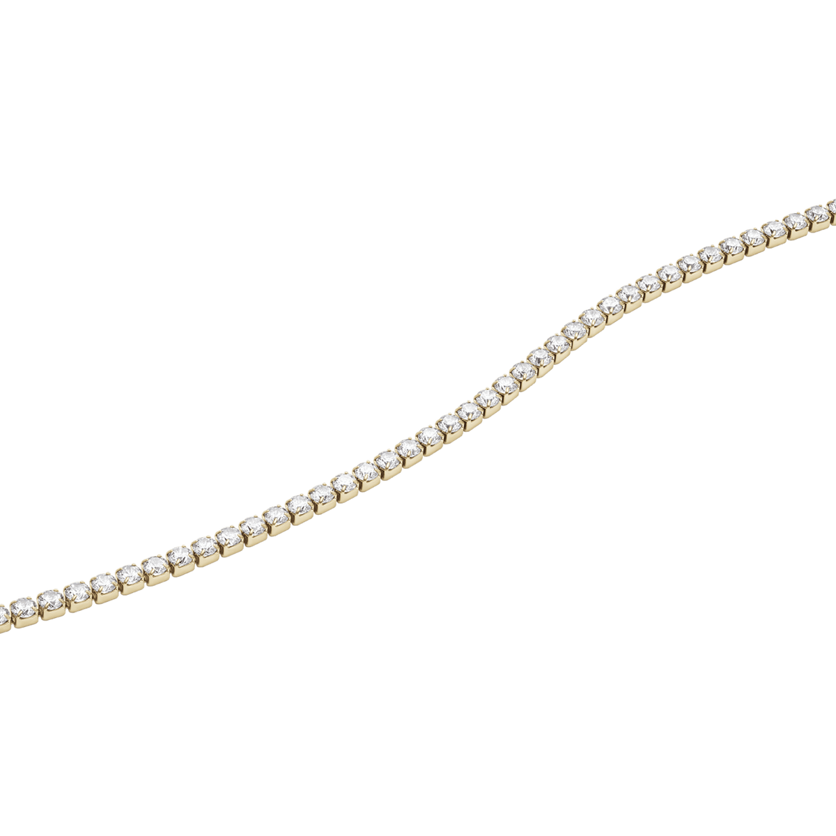 Close-up of the Classic Tennis Necklace Gold, showing individually set sparkling crystals on a slim gold chain, crafted for a refined and elegant look.