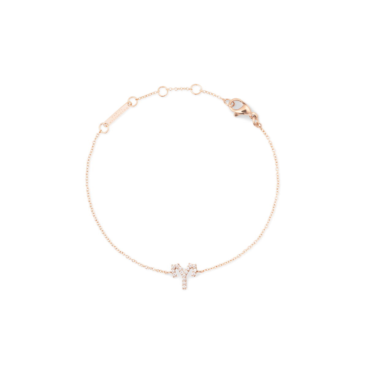 Delicate rose gold chain bracelet featuring a crystal-encrusted zodiac pendant and adjustable sizing rings, designed for a personalised and elegant look.