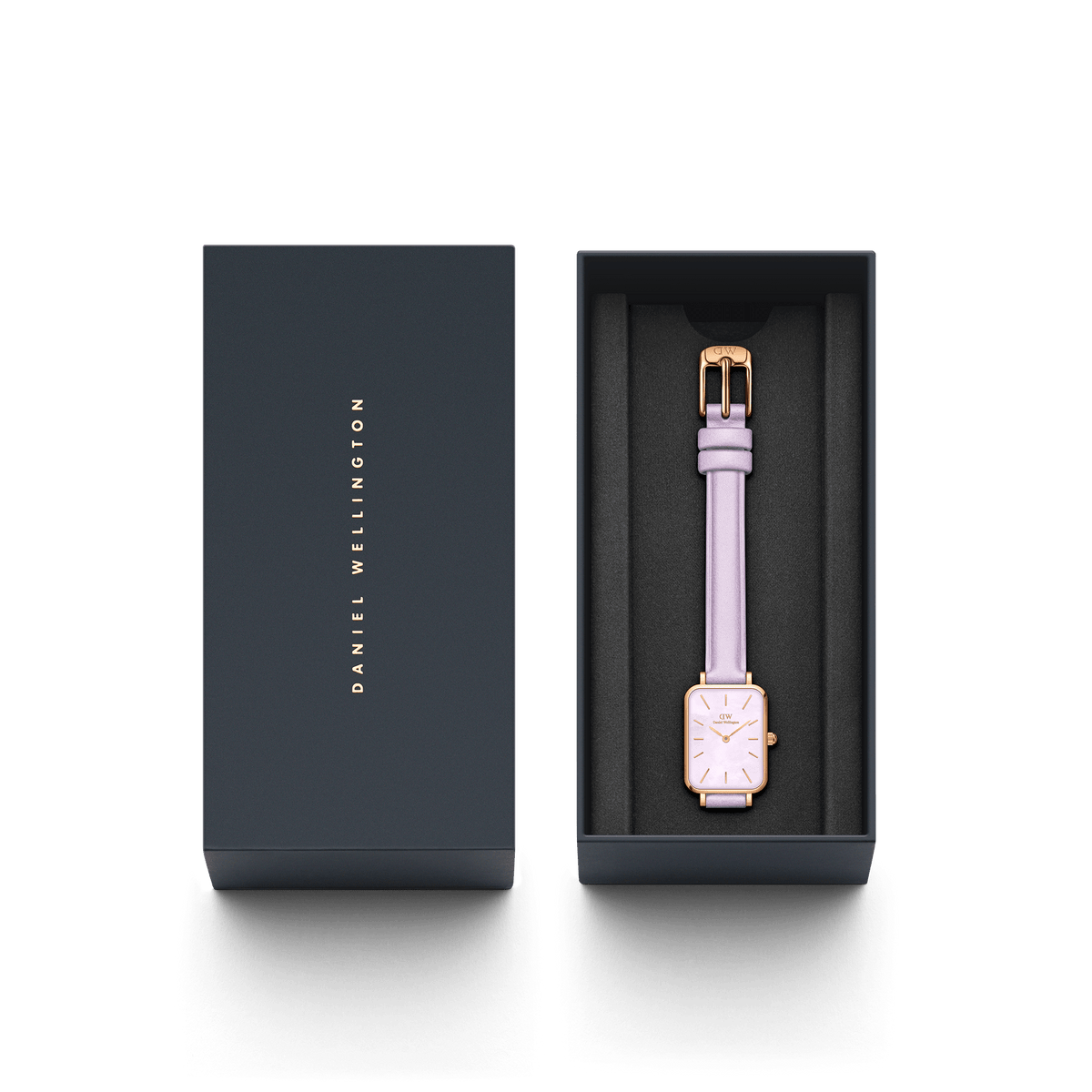 Quadro Lavender MOP Rose Gold ladies watch with a pastel purple leather strap and rectangular rose gold case, presented in a sleek Daniel Wellington gift box.