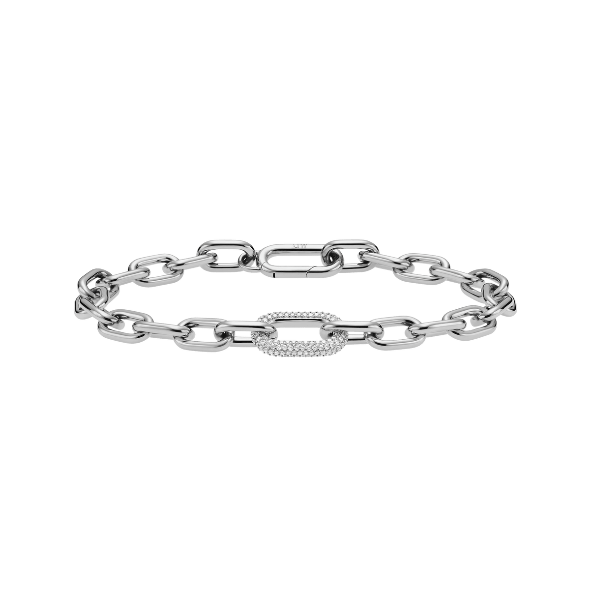 Chunky silver chain bracelet featuring a crystal-embellished link, crafted from stainless steel and rhodium plated brass for a contemporary and refined look.