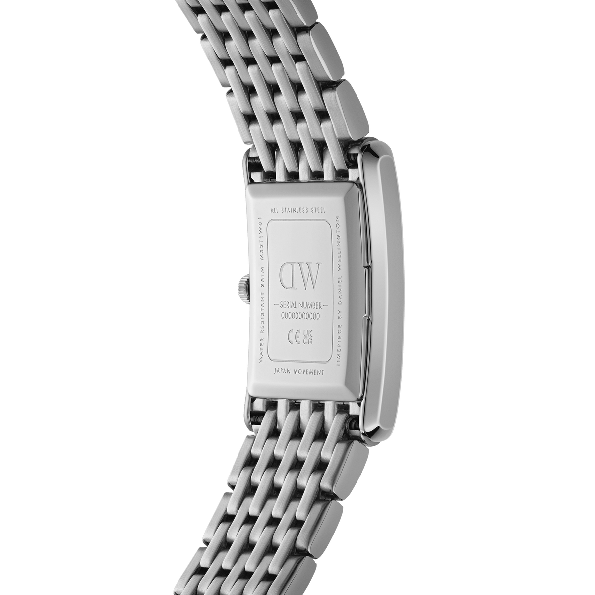 Bound 9-Link Silver ladies watch showing the stainless steel case back, engraved details, and integrated nine-link silver bracelet in a close-up rear view.