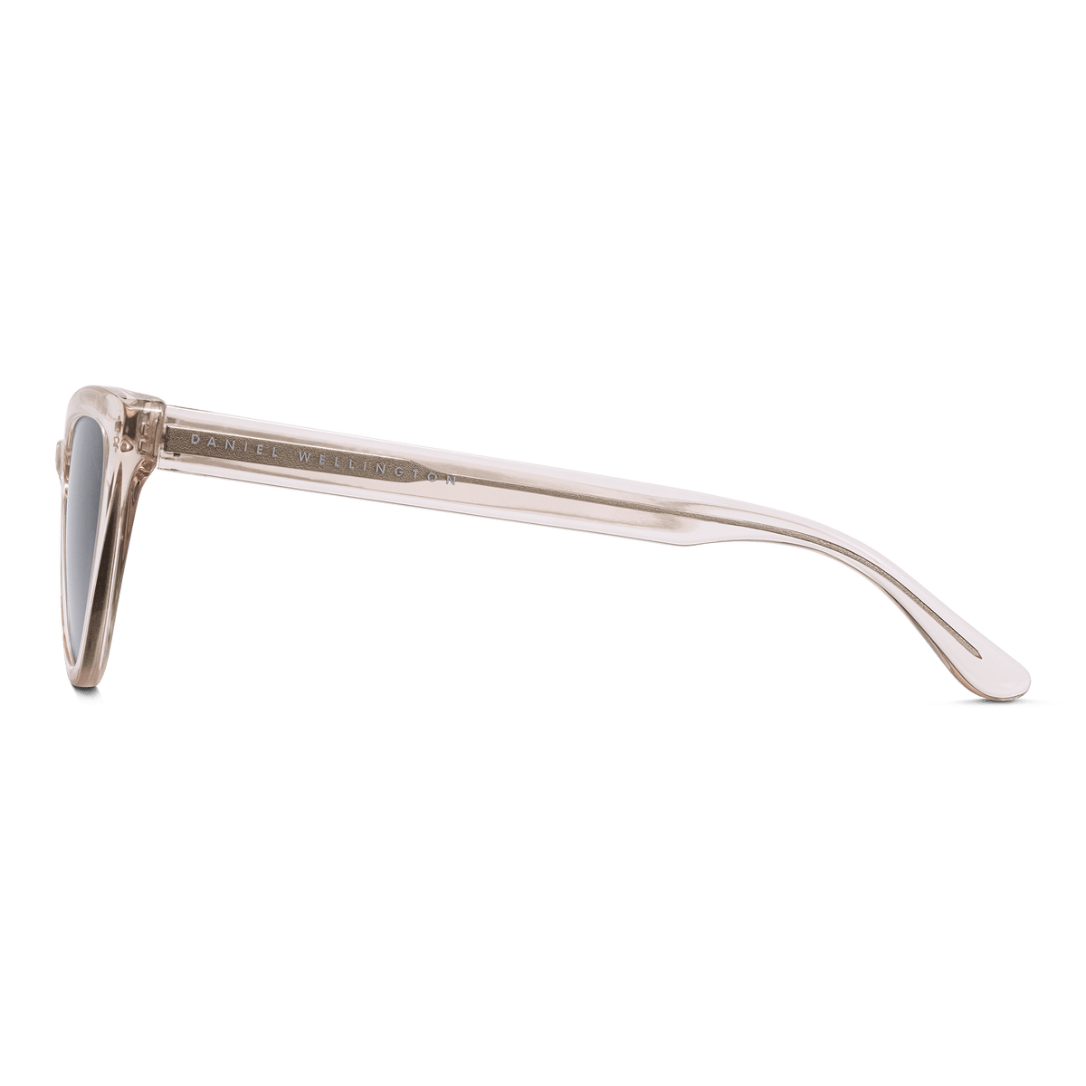Side view of Lynx Bio-Acetate Clear Pink/Black sunglasses showing the transparent pink bio-acetate arm with subtle Daniel Wellington branding and the sleek cat eye frame.