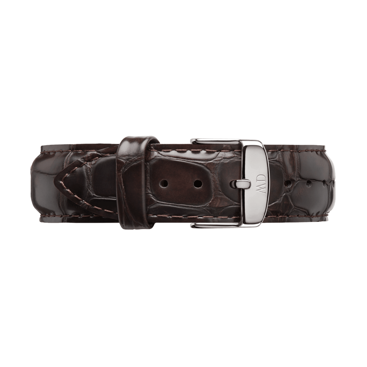 York Strap Silver brown leather watch strap with a glossy crocodile-embossed finish, polished silver buckle, and sturdy stitching, designed for a sophisticated and comfortable fit.
