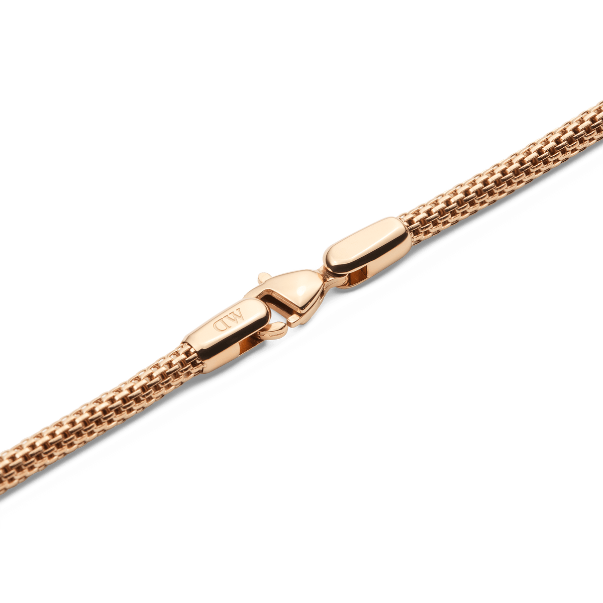 Detailed view of the Tide Mesh Necklace Rose Gold 2.8, showing the polished rose gold mesh chain and secure lobster clasp with a smooth, modern finish.