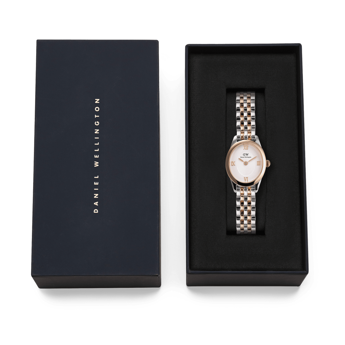 Daniel Wellington Ophelia Mini Two Tone Rose Gold watch presented in its original navy gift box, showcasing the elegant oval face and polished rose gold and silver bracelet.