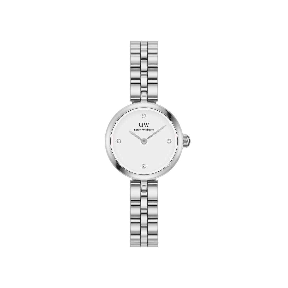 Elan Lumine Silver ladies watch with a petite 22mm stainless steel case, minimalist white dial, crystal markers, and a classic three-link silver bracelet.