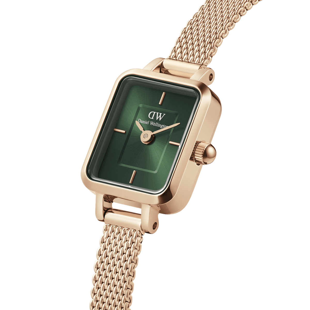 Quadro Mini Melrose Emerald showcases a rectangular emerald green dial with a rose gold mesh bracelet, highlighting its refined sunray finish and minimalist design ideal for women seeking understated elegance.