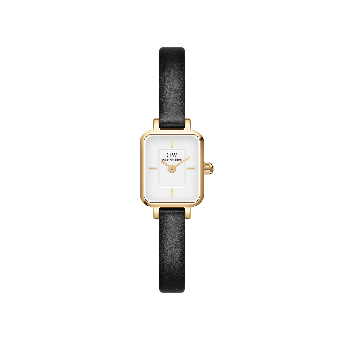 Quadro Mini Sheffield Gold ladies watch featuring a petite rectangular gold-tone case, minimalist white dial, and slim black genuine leather strap, ideal for everyday wear and versatile styling.