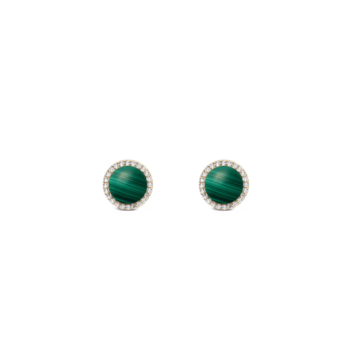Pair of Audrey Earrings Malachite Gold featuring round green malachite centres framed by a halo of white cubic zirconia crystals in gold-plated settings, displayed against a plain background.
