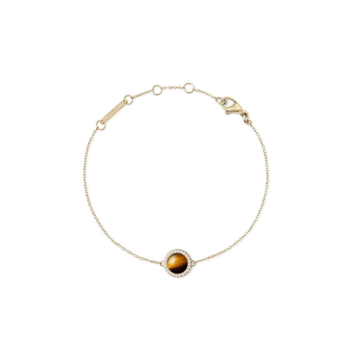 Delicate gold bracelet featuring a central tiger eye stone framed by a halo of white cubic zirconia, with an adjustable fine chain and secure lobster clasp.