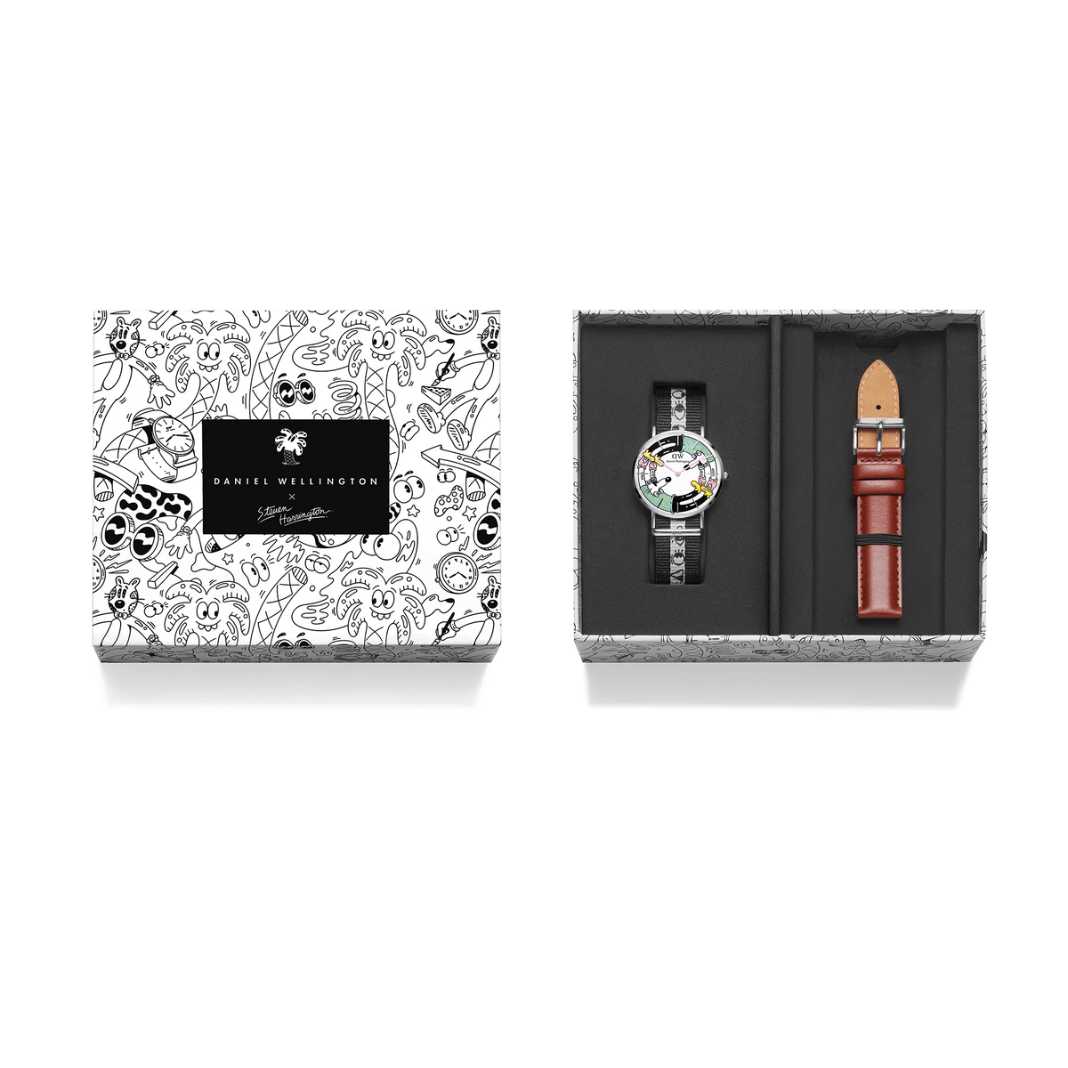 Steven Harrington x Daniel Wellington limited edition watch set presented in collectible packaging, featuring a multicolour printed dial with a black and white illustrated NATO strap and an additional brown leather strap.