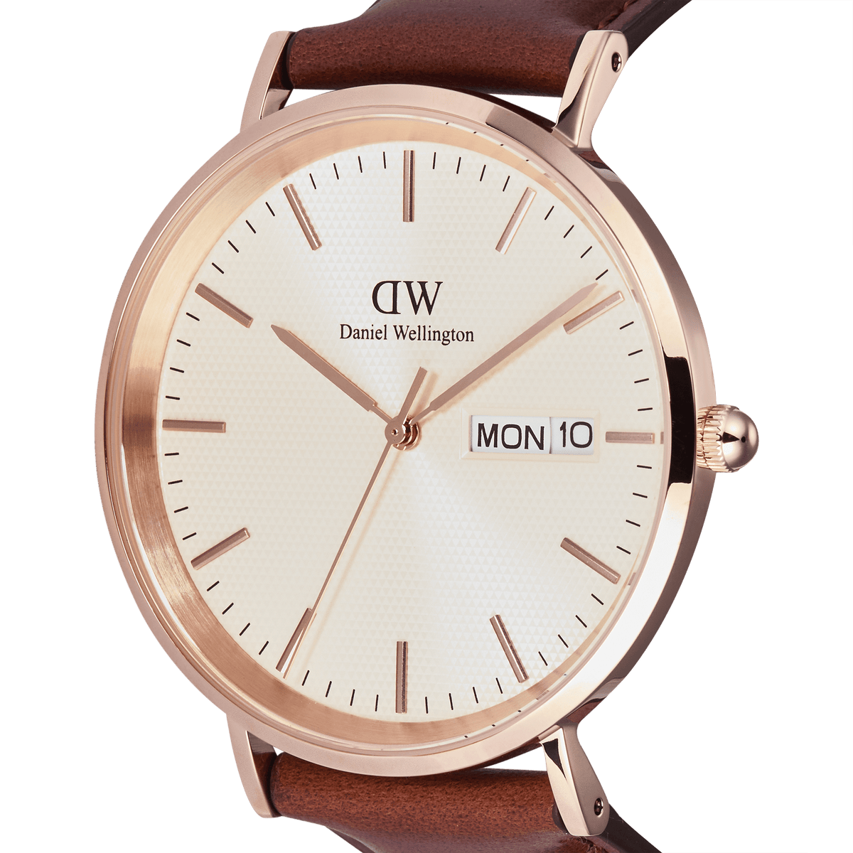 Close-up of the Classic Day Display St Mawes Rose Gold Champagne men's watch showing the champagne dial with triangle pattern, rose gold case, clear day and date display, and brown leather strap.