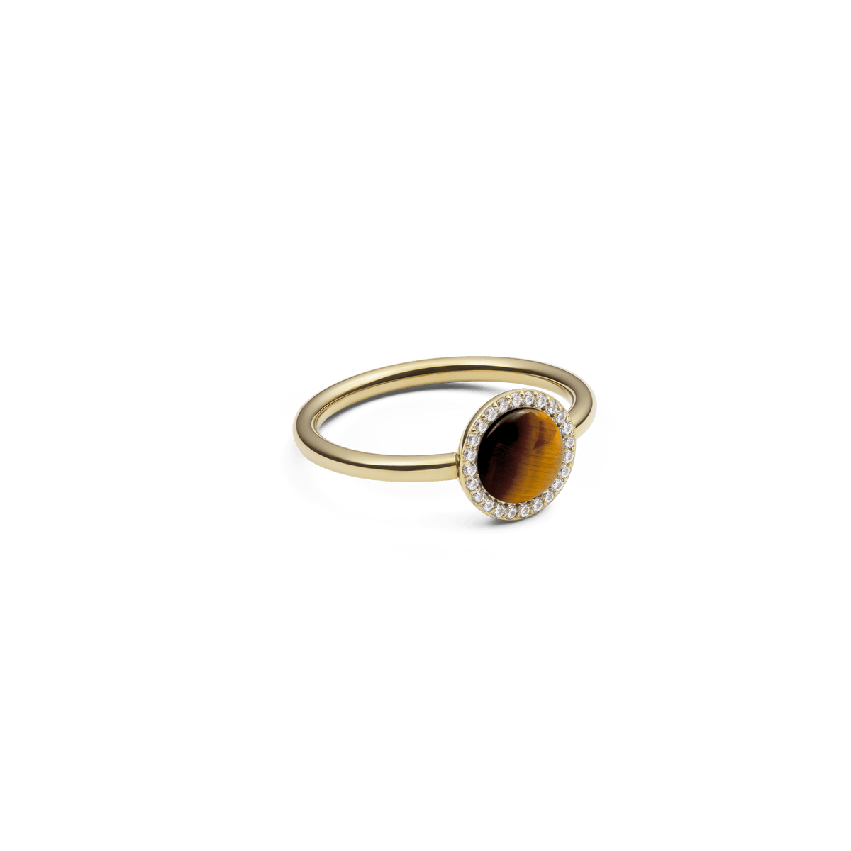 Audrey Ring Tiger Eye Gold featuring a slim gold band, oval tiger eye gemstone, and a halo of white cubic zirconia crystals, highlighting its elegant and modern design.