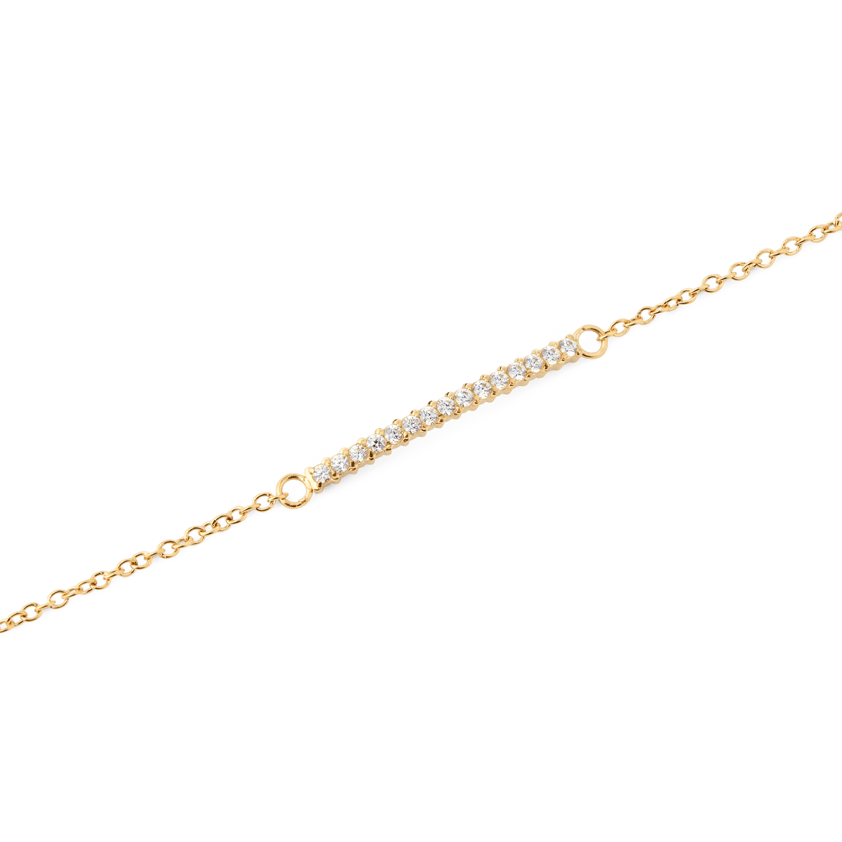 Close-up of the Mirelle Eternity Bracelet Gold, highlighting the slim gold chain and the delicate bar set with sparkling white cubic zirconia stones for a refined, minimalist look.