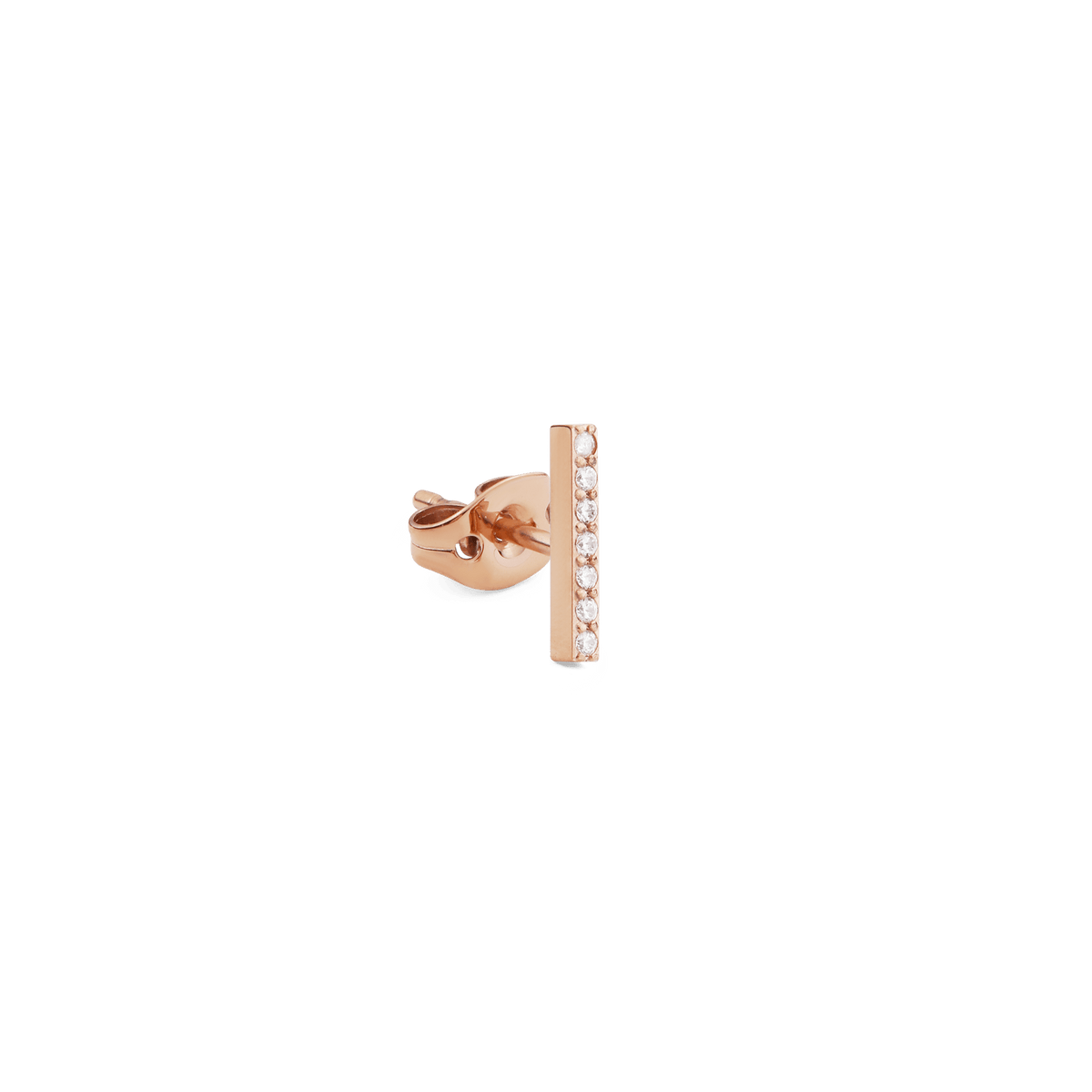 Crystal Bar Stud Rose Gold earring with a slim vertical bar, featuring seven cubic zirconia crystals and a butterfly back for secure, comfortable wear.