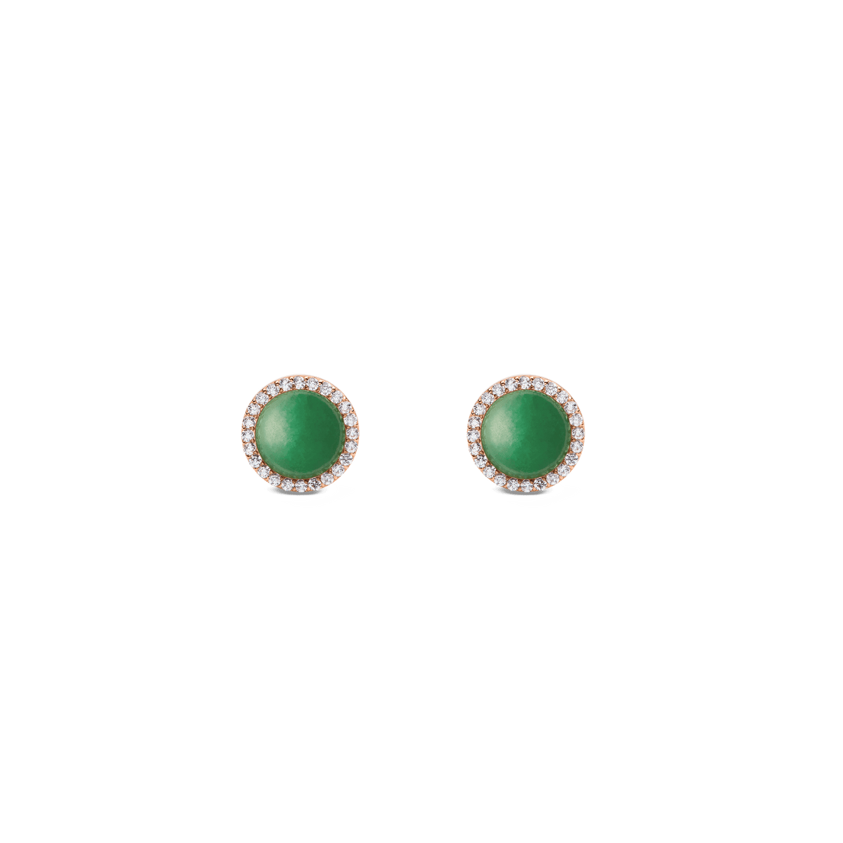 A pair of Daniel Wellington Audrey Earrings Jade Rose Gold featuring round green jade centres, each surrounded by a halo of sparkling white cubic zirconia set in rose gold.