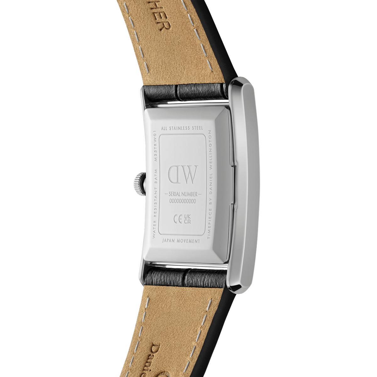 Close-up of the Bound Black Crocodile Silver watch showing the stainless steel case back, engraved details, and genuine leather strap with visible stitching, highlighting its quality craftsmanship and durable build.