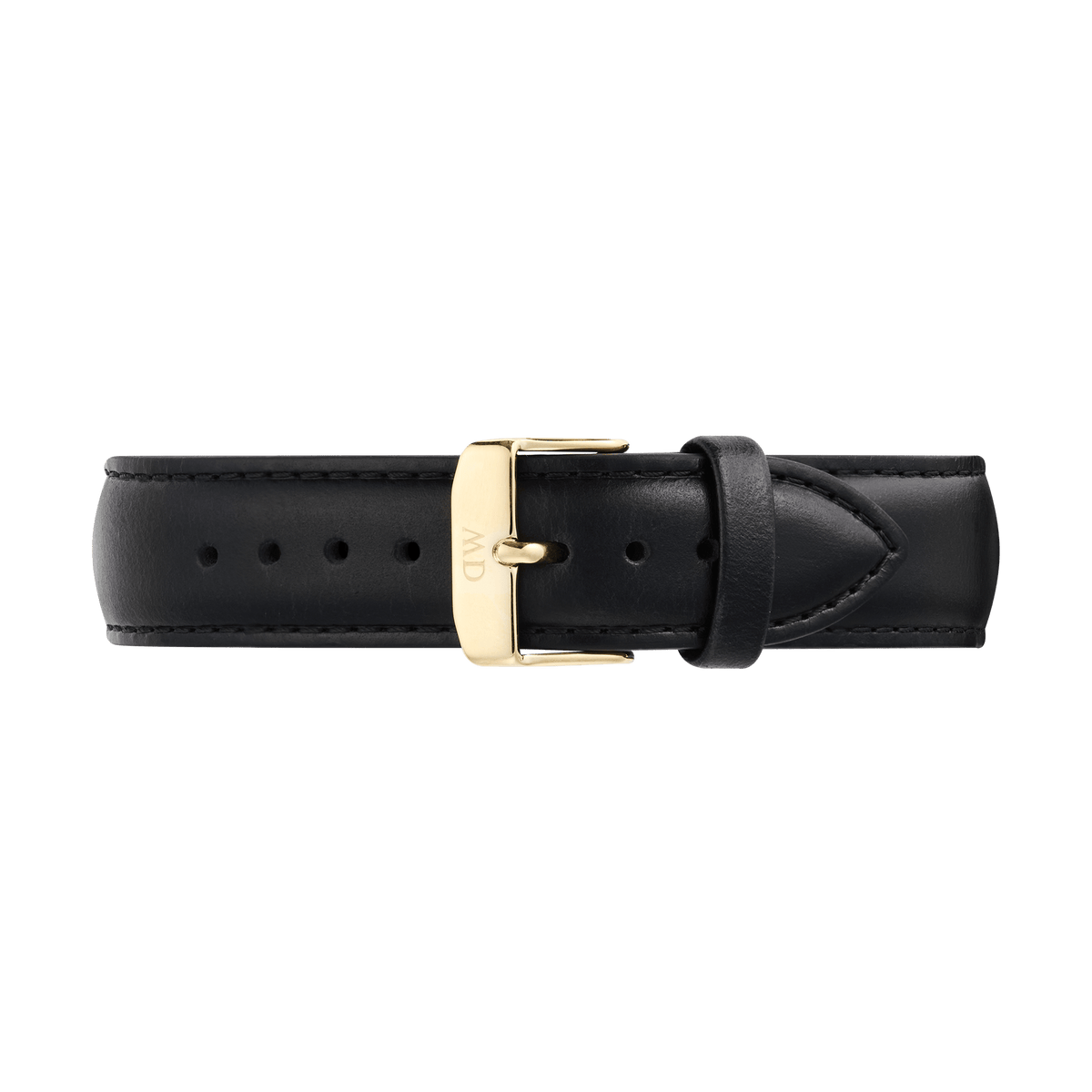Black leather watch strap with a tapered design and polished gold buckle, featuring subtle stitching and a smooth finish, suitable for a 21mm fit.