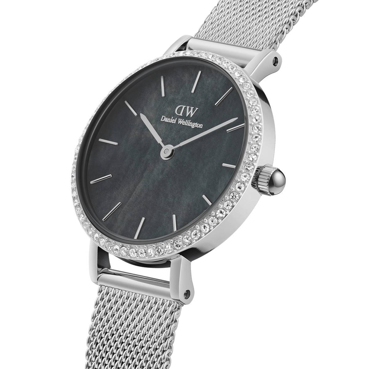Close-up of the Petite Lumine Bezel Sterling Black MOP ladies watch, showing the black mother of pearl dial, crystal-set bezel, and slim silver mesh strap with minimalist hour markers.