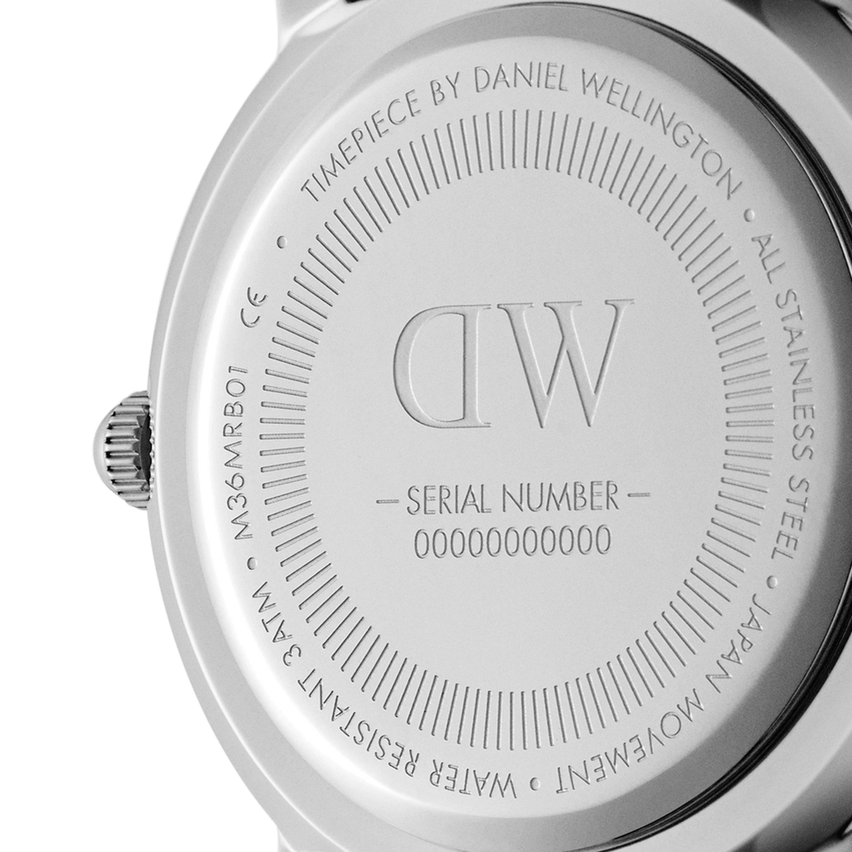 Close-up of the stainless steel case back of the Iconic Black NATO White Dial watch, showing engraved branding, water resistance details, and serial number for authenticity.