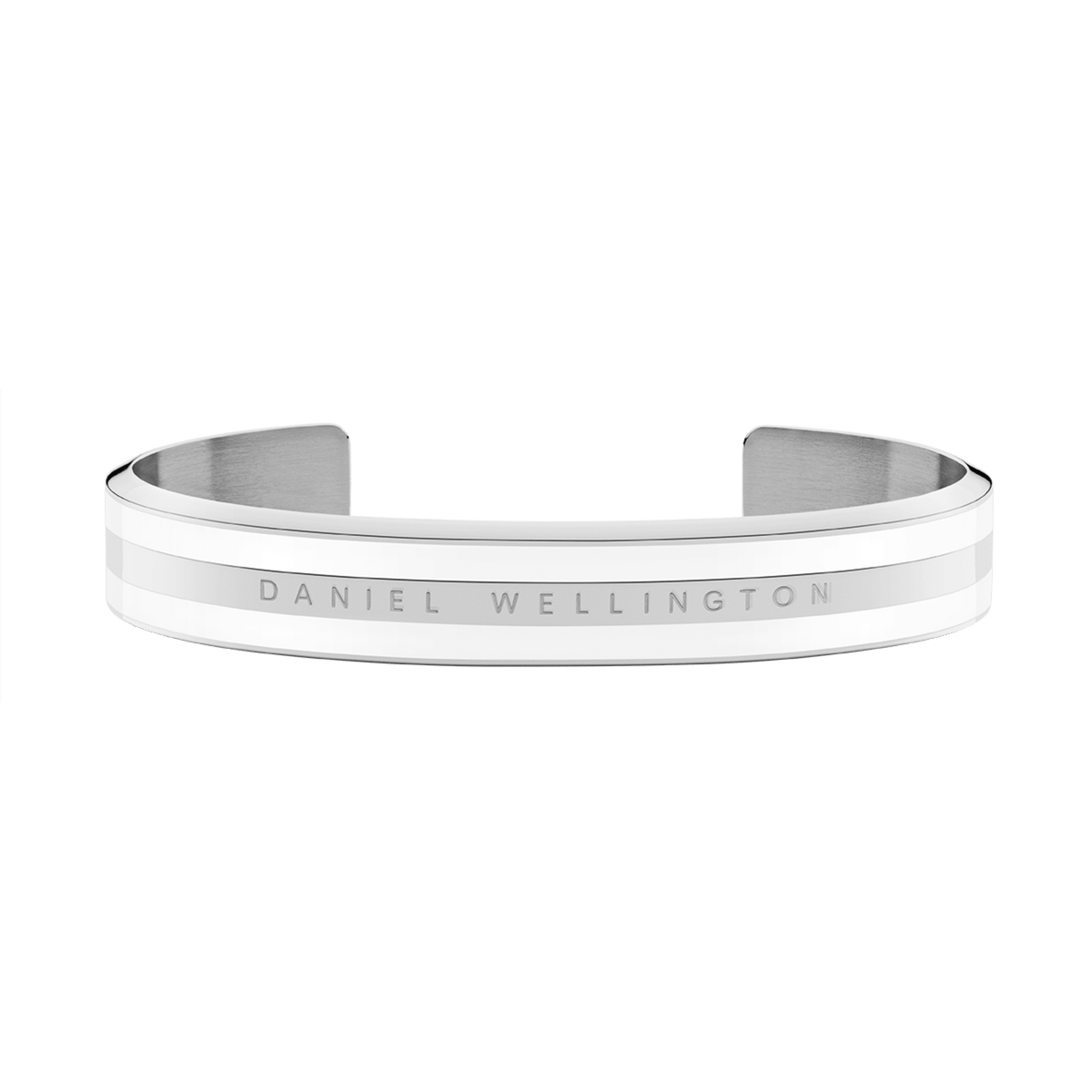 Emalie Bracelet Silver displays a modern open cuff silhouette with polished silver and satin white enamel, featuring Daniel Wellington branding engraved along the front.